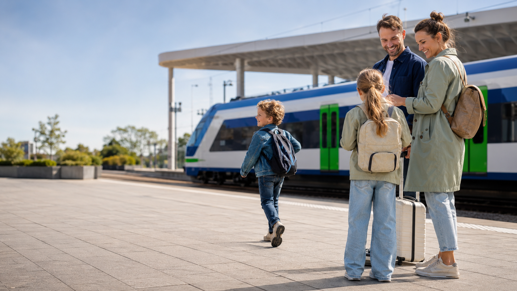 Gezin met kinderen klaar voor een voordelige treinreis met Railrunner