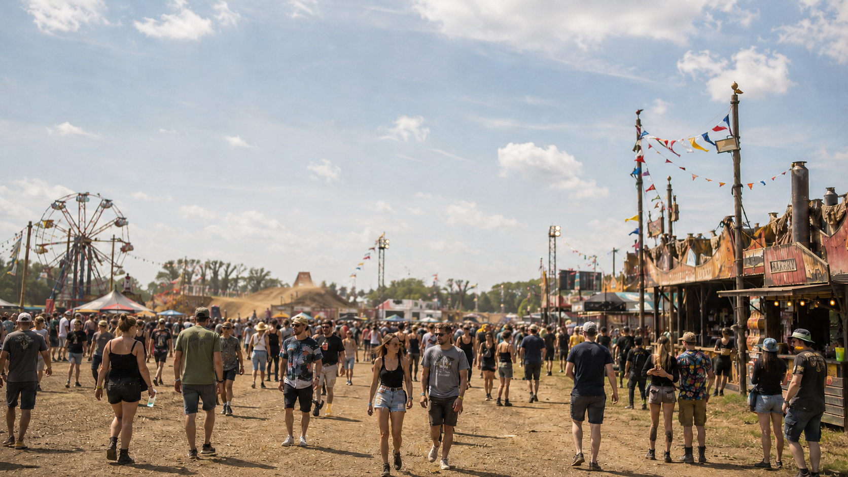 Festivalbezoekers lopen over het terrein van de Zwarte Cross langs foodstands, attracties en festivalsfeer op een zomerse dag.