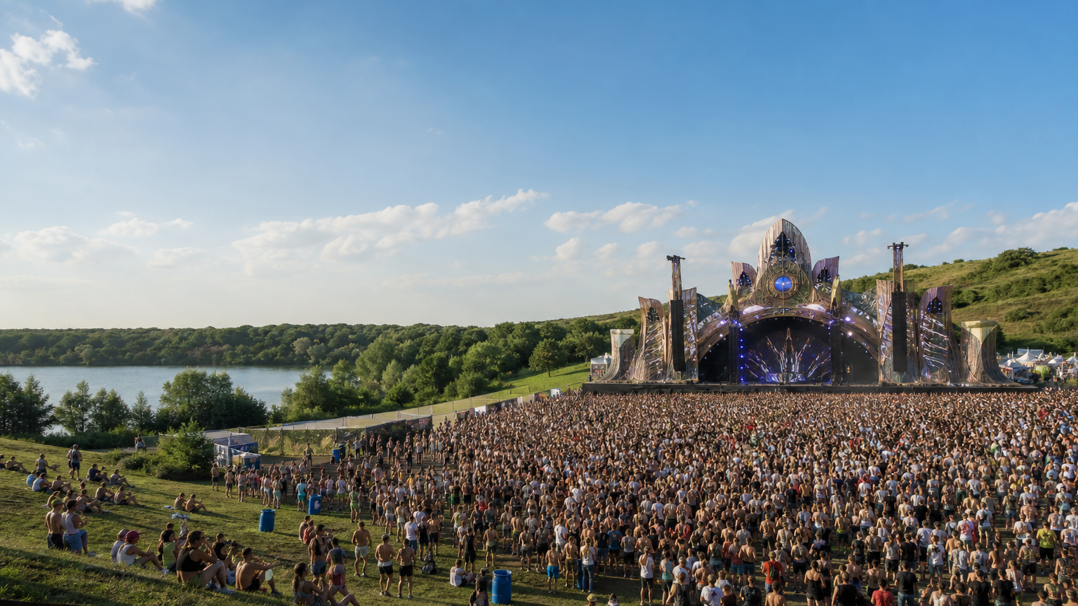 Bezoekers dansen bij een groot muziekfestival in het groene landschap van Spaarnwoude