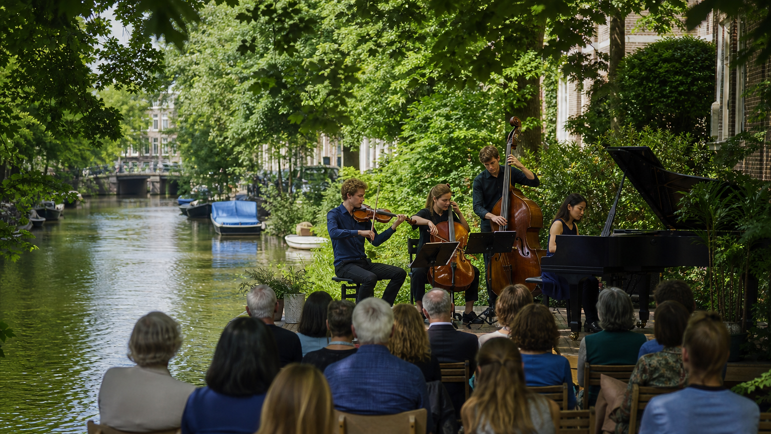 Jonge musici geven een intiem zomerconcert op een groene locatie in Amsterdam