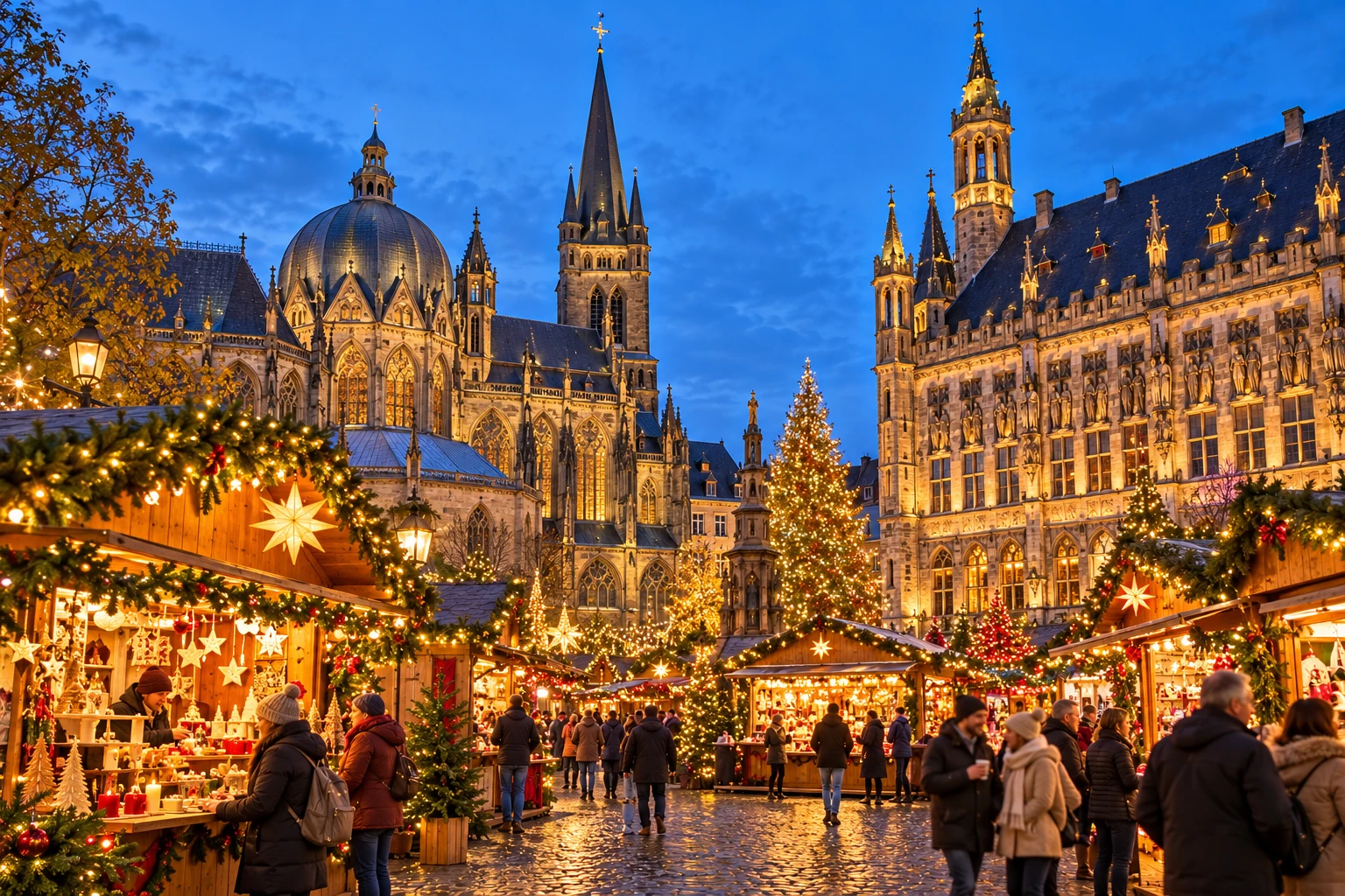 Verlichte kerstkraampjes op een historisch stadsplein in de avond