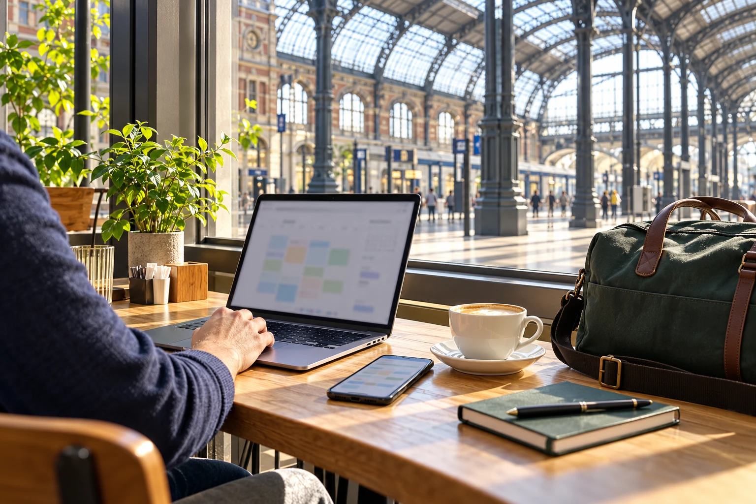 Reiziger vergelijkt reisplannen op een laptop aan een tafel in een stationscafé
