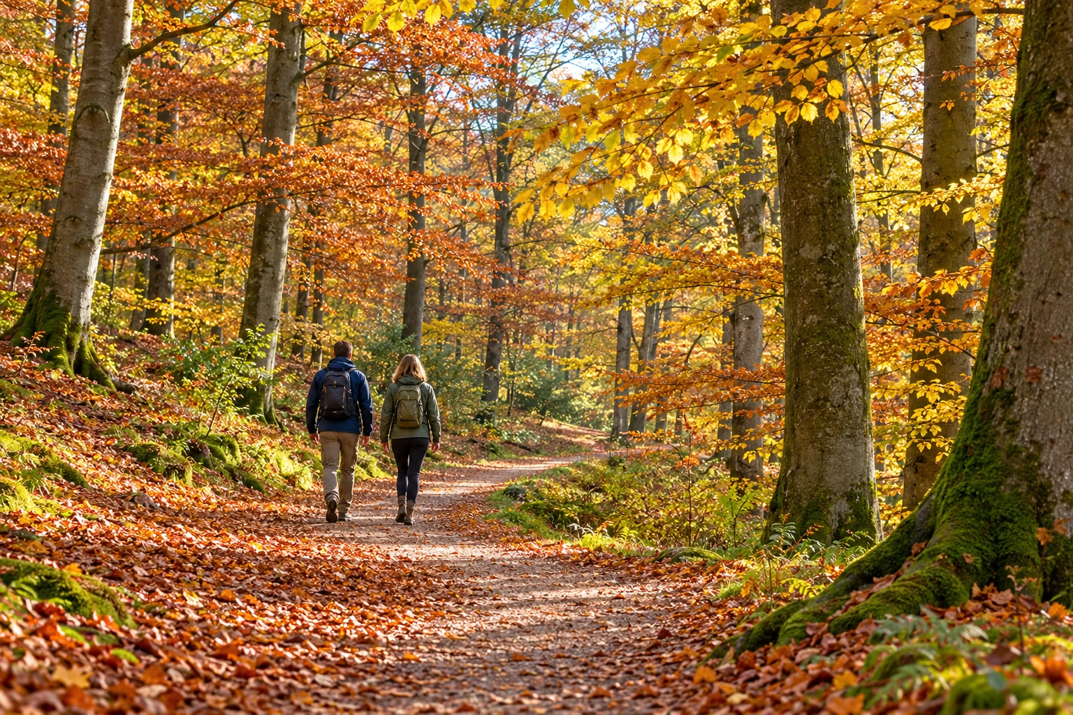 Twee wandelaars op een bospad tussen goudgele en koperkleurige herfstbomen