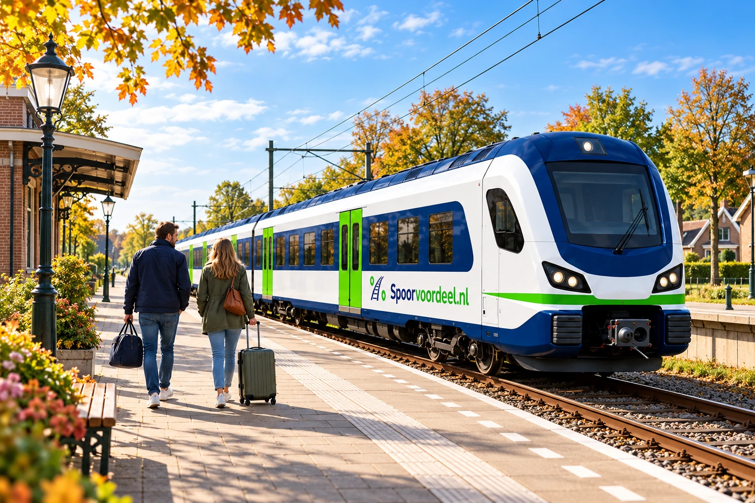 Twee reizigers met weekendbagage naast de blauw-wit-groene Spoorvoordeel-trein