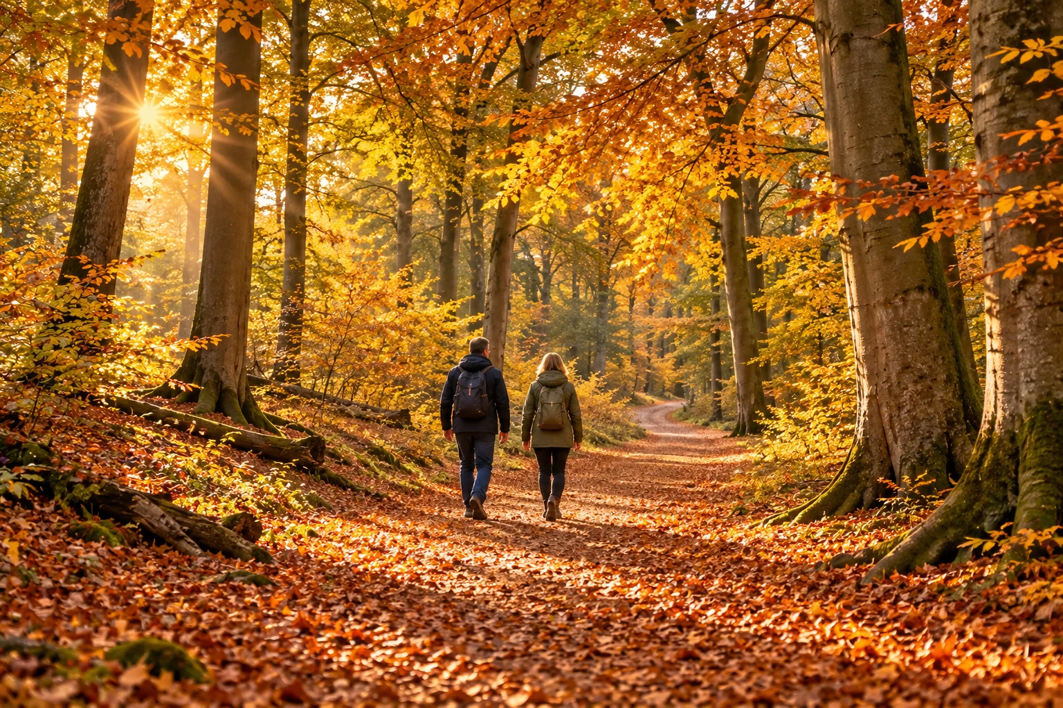 Twee wandelaars op een bospad tussen goudkleurige herfstbomen