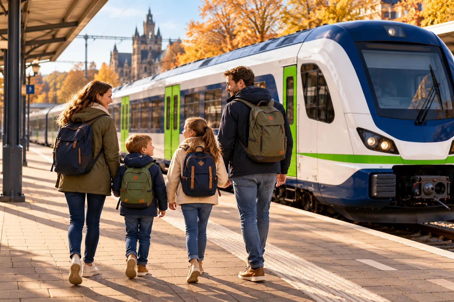 Gezin met rugzakken op een perron naast een Spoorvoordeel-trein