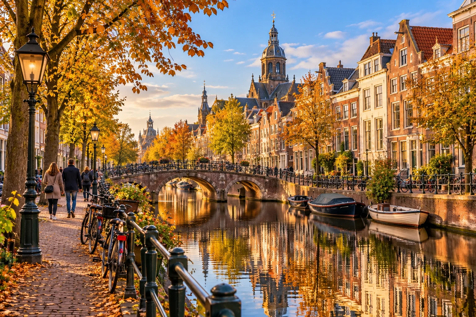Historische huizen en een brug langs een Leidse gracht in warm herfstlicht