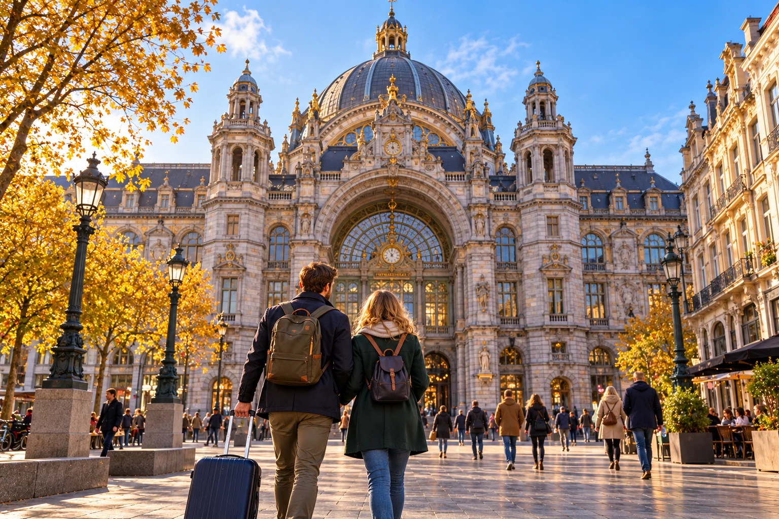Twee reizigers met compacte bagage voor station Antwerpen-Centraal