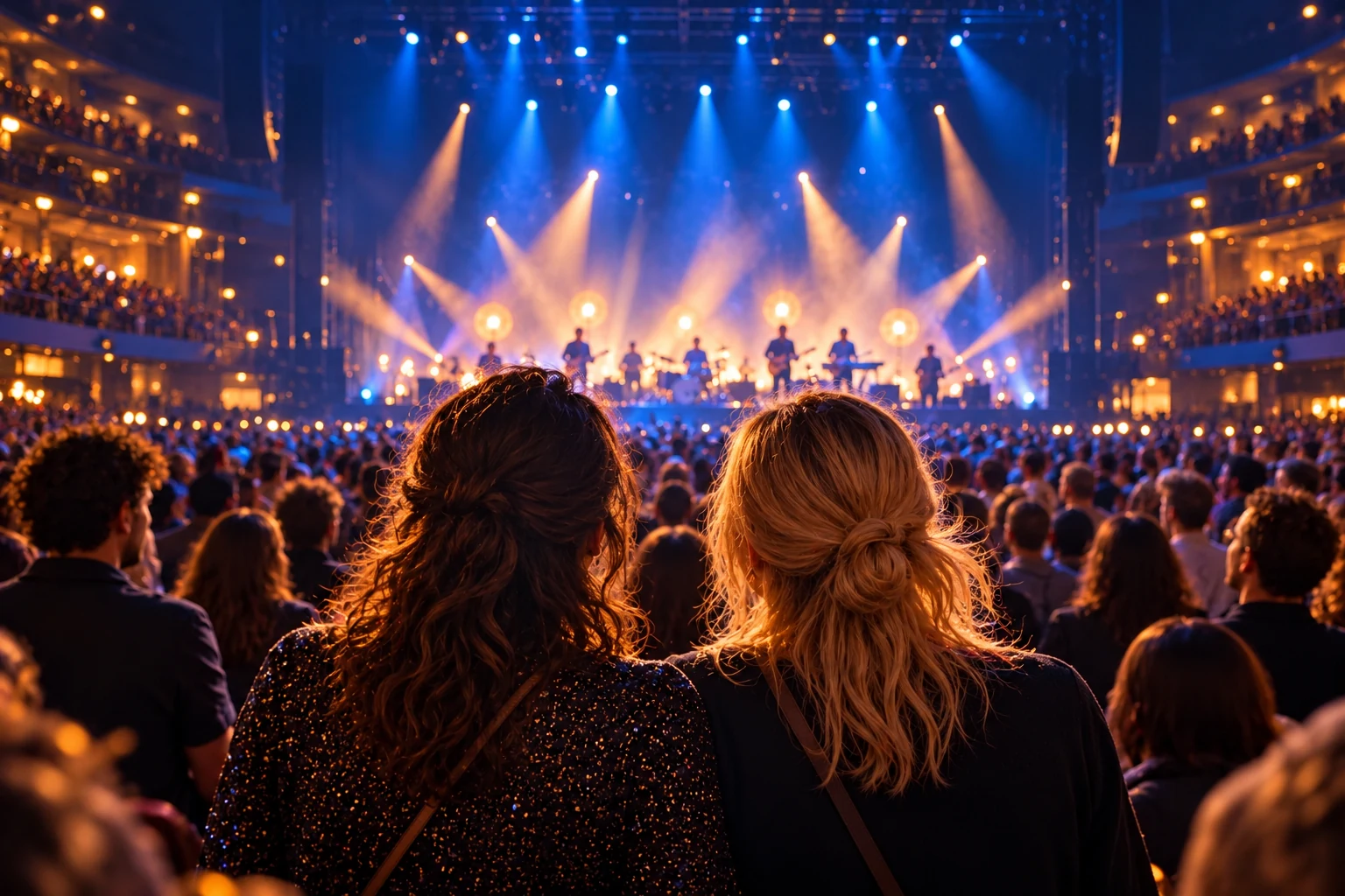Twee concertbezoekers kijken naar een podium met blauw en warm licht