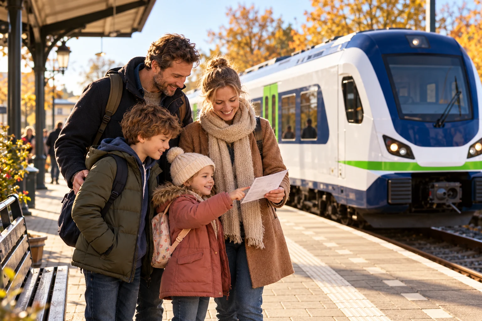 Een gezin met kinderen bekijkt een speurkaart op het perron naast een Spoorvoordeel-trein