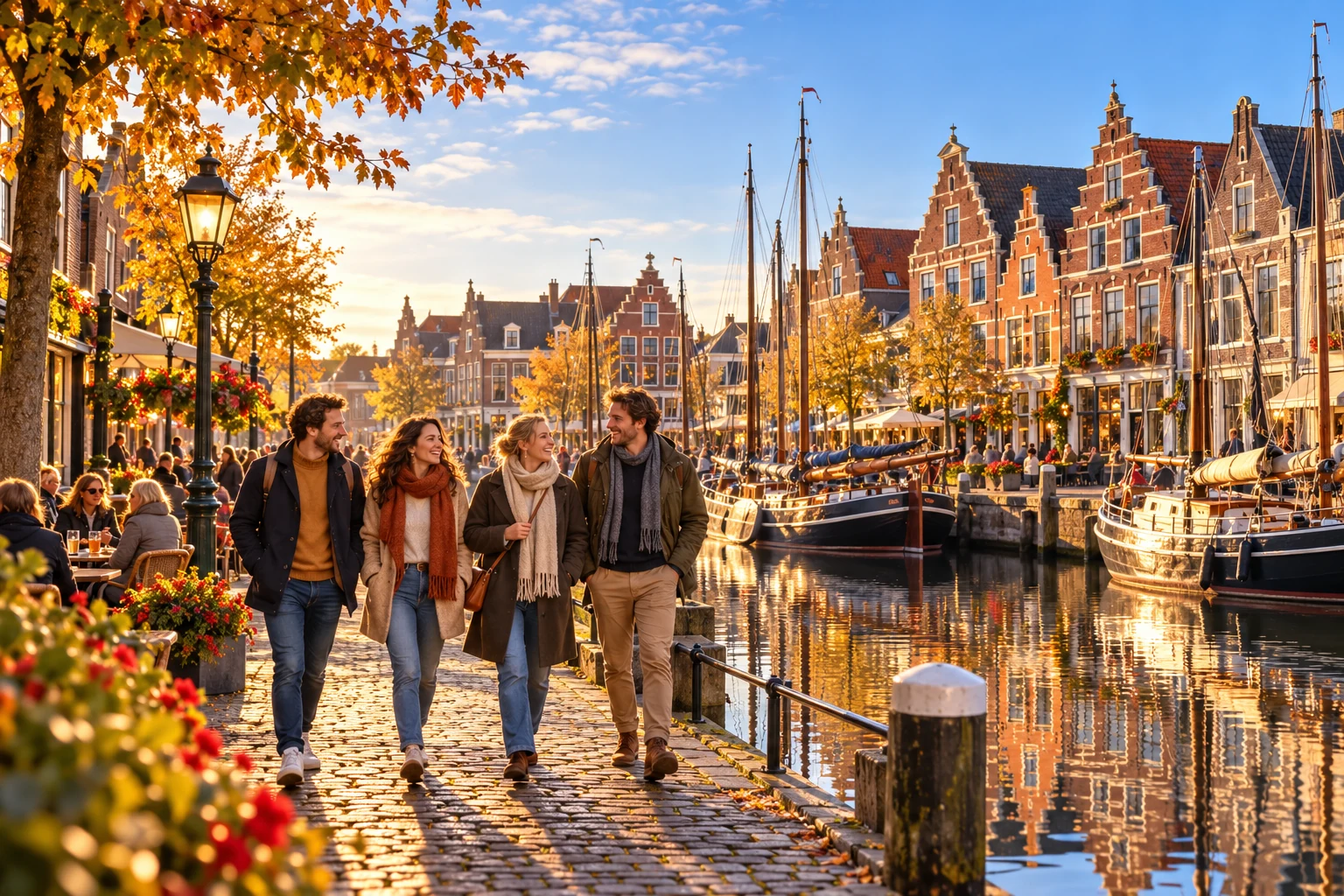 Wandelaars langs een historische Nederlandse stadshaven met boten en oude gevels