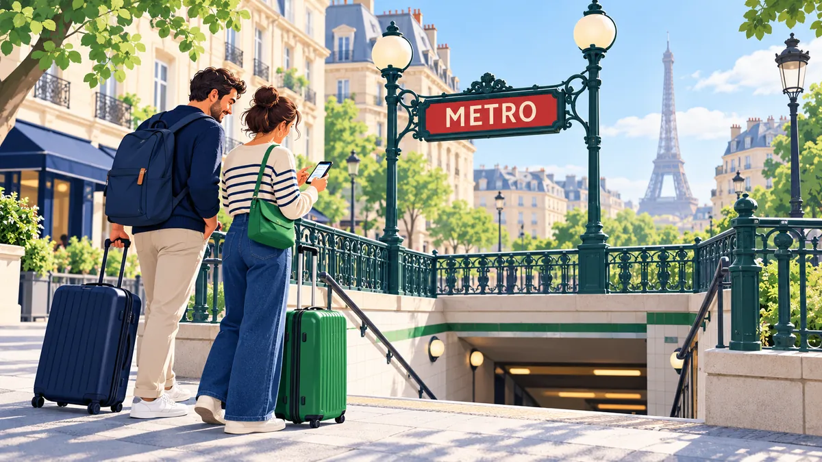 Twee reizigers bekijken hun telefoon bij een Parijse metro-ingang, met de Eiffeltoren op de achtergrond.